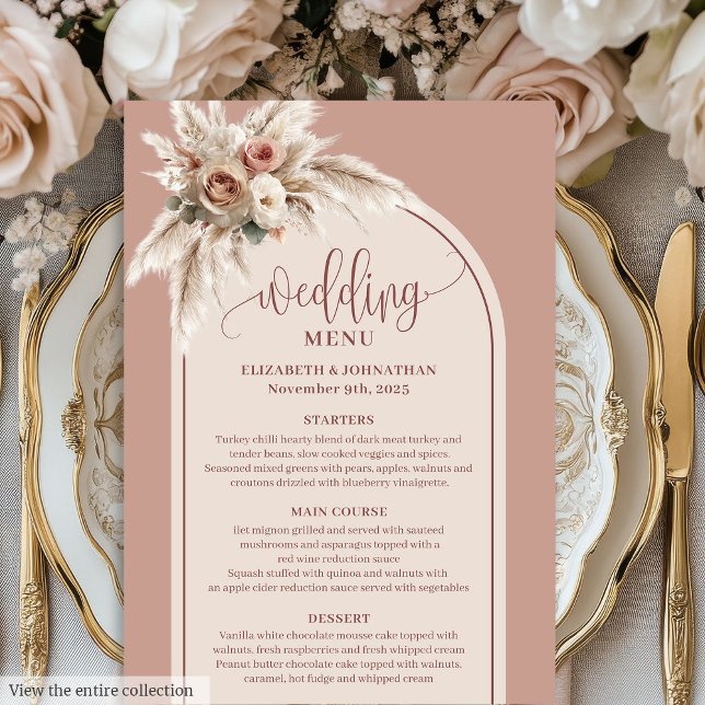Drömmig Boho Dammtrosa Pampas Blommig Bröllopsmeny Meny (Dreamy Boho Dusty Rose Pampas Floral Wedding Menu)