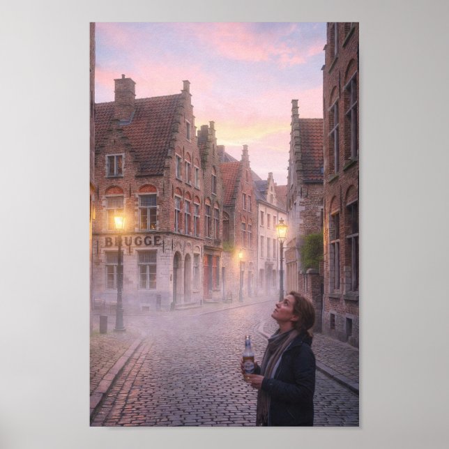 Drömmig Bruges Kullerstens Twilight Affisch (Framsidan)