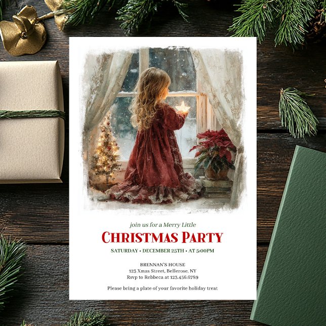Drömmig flicka väntar på tomte utskrivbar höstlovs inbjudningar (Dreamy girl awaits Santa printable holiday invitation)
