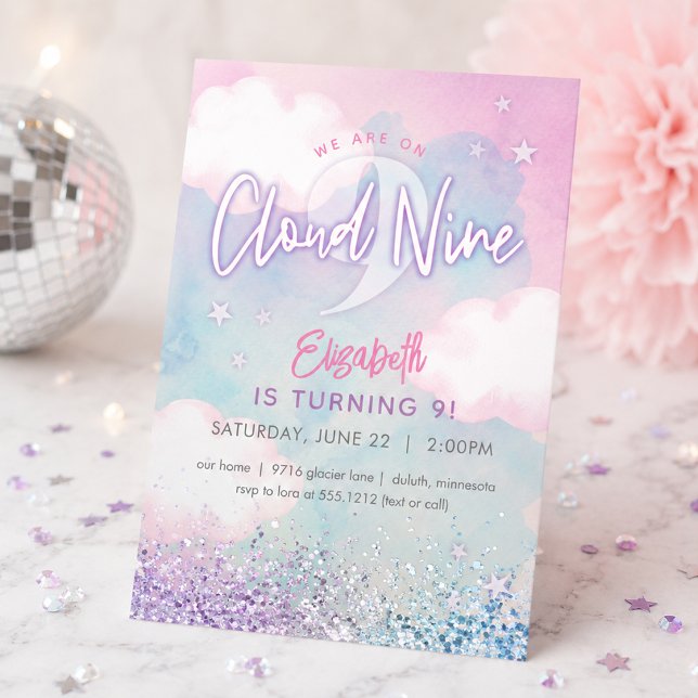 Drömmig flickig på molnet nio 9-års födelsedag  inbjudningar (Dreamy Girly On Cloud Nine 9th Birthday Invitation)