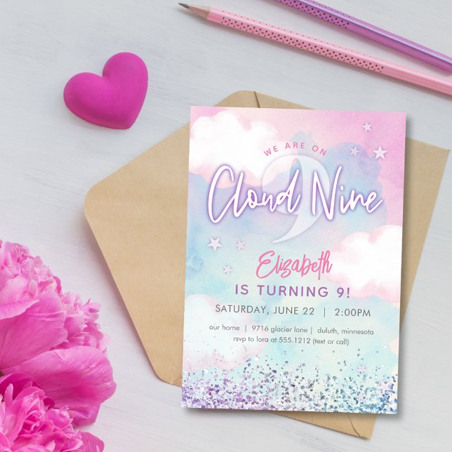 Drömmig flickig på molnet nio 9-årsdag  inbjudningar (Skapare uppladdad)