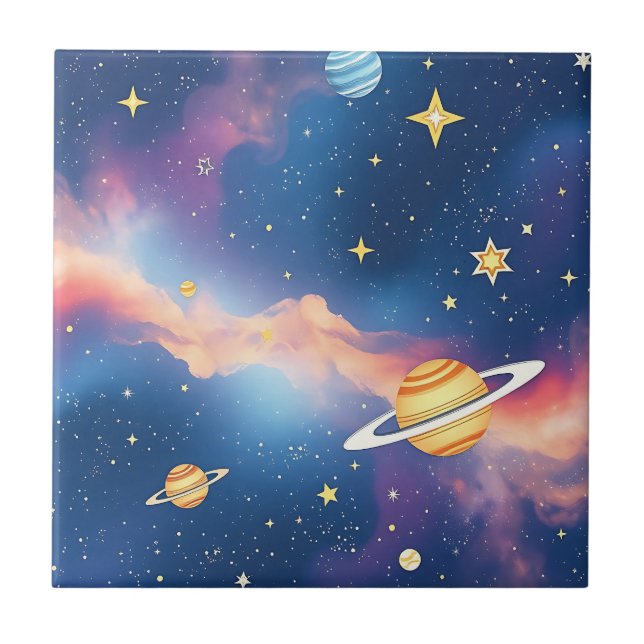 Drömmig galaxplaneter stjärnor mönster kakelplatta (Framsidan)
