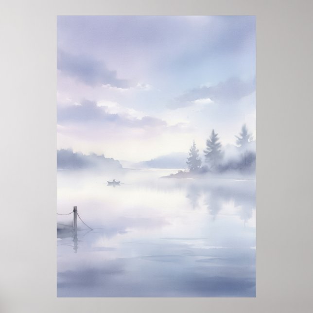 Drömmig Lavendel Dimma Sjö Tallar Båt Brygga Vä Poster (Framsidan)
