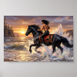 Drömmig man till häst på stranden vid solnedgång poster