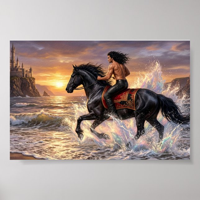 Drömmig man till häst på stranden vid solnedgång poster (Framsidan)