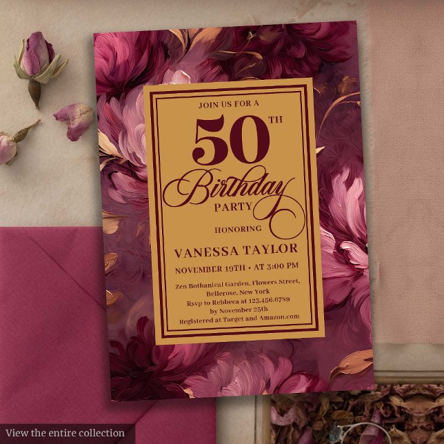 Drömmig marsala roséguld blommig 50-årsdag inbjudningar (Dreamy marsala blush gold floral 50th birthday invite

)