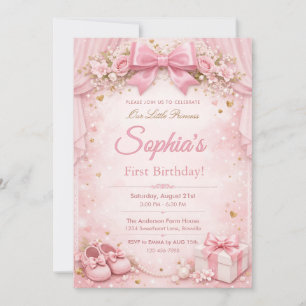 Drömmig och glitter blommande rosa rosett 1-års fö inbjudningar