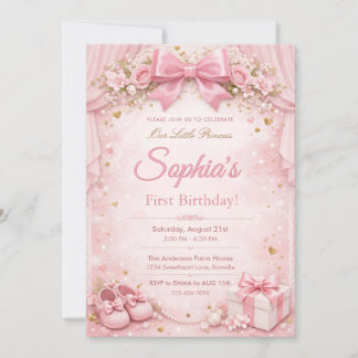 Drömmig och glitter blommande rosa rosett 1-års fö inbjudningar