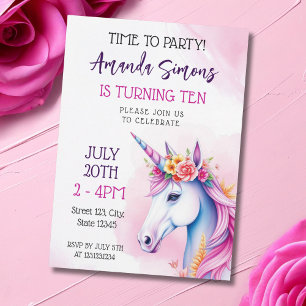 Drömmig Pastell Blommig Enhörning Tjej 10-årsdag Inbjudningar