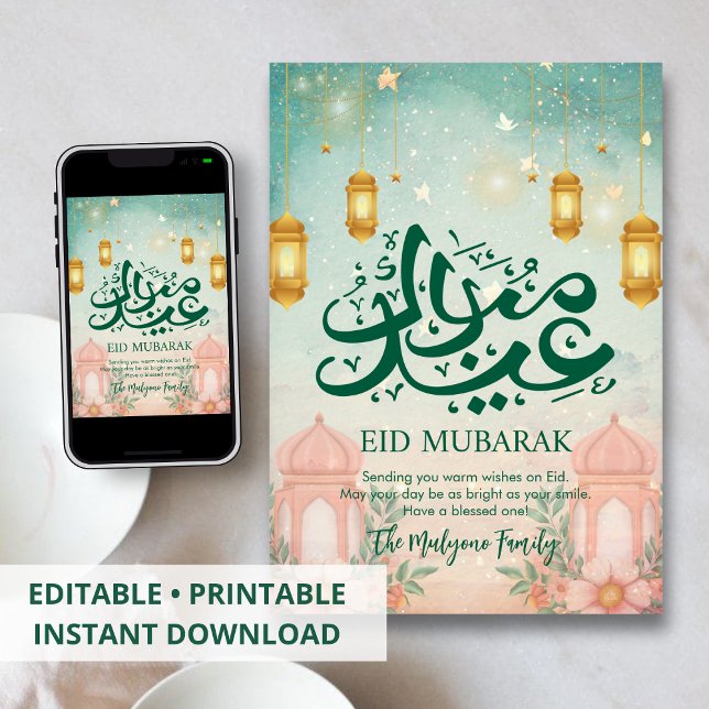 Drömmig Pastellmoské & Blommig Eid Mubarak-kort Julkort (Skapare uppladdad)
