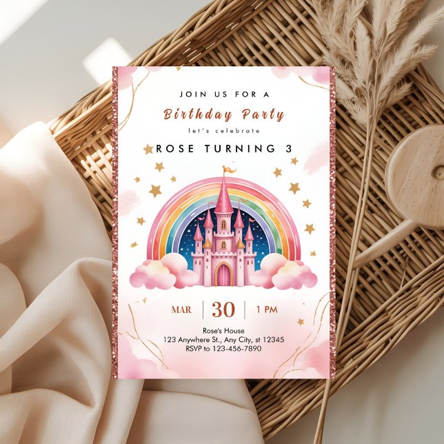 Drömmig regnbågsprinsessslott 3-årsdag inbjudningar (Skapare uppladdad)