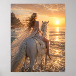 Drömmig ridning utan sadel på häst på stranden vid poster