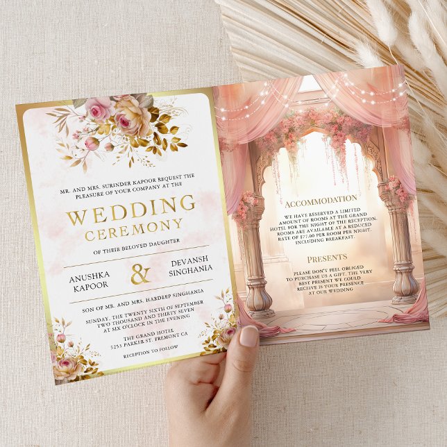Drömmig rosa blomsterrik indisk Mandap hinduisk br Inbjudan (Skapare uppladdad)