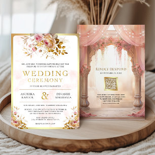 Drömmig rosa blomsterrik indisk Mandap hinduisk br Inbjudningar
