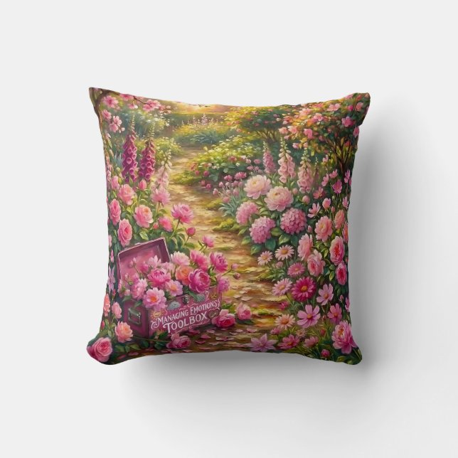 Drömmig rosa blomsterträdgård stig målning kudde (Framsida)