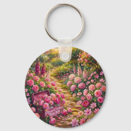 Drömmig rosa blomsterträdgård stig målning nyckelring
