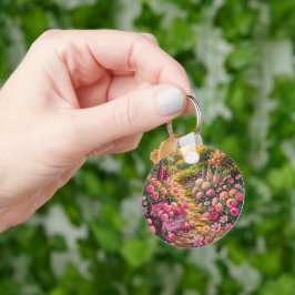 Drömmig rosa blomsterträdgård stig målning nyckelring