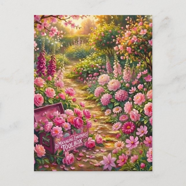 Drömmig rosa blomsterträdgård stig målning vykort (Framsida)