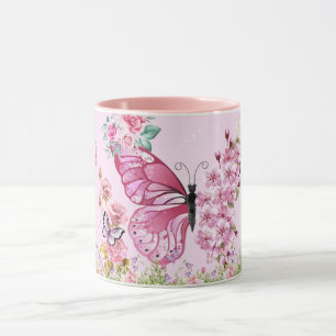 Drömmig Rosa Fjärilsmugg – Blommig Estetisk Kaffe Mugg