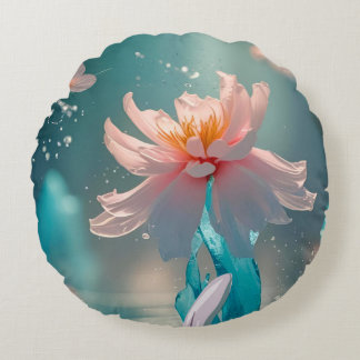 Drömmig Rosa Lotus och Fjäril i Aqua Vatten Rund Kudde