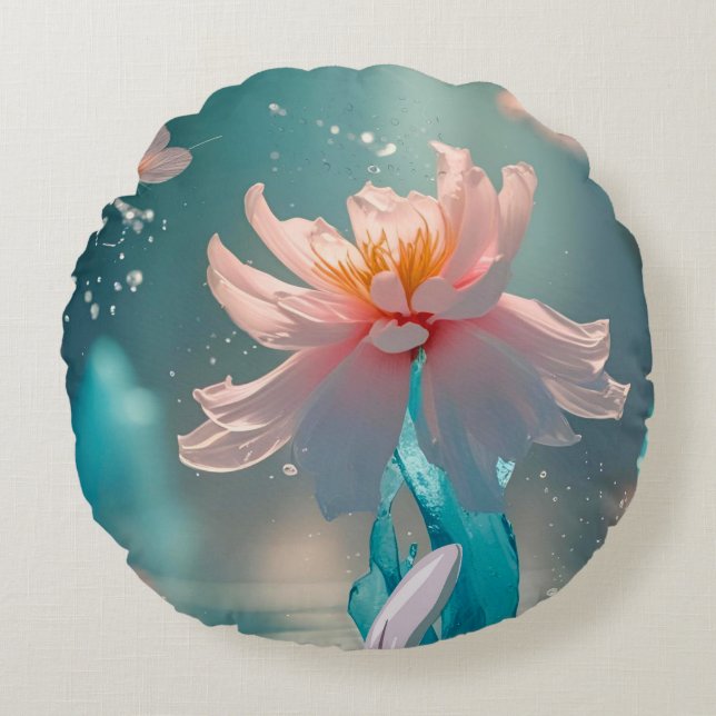 Drömmig Rosa Lotus och Fjäril i Aqua Vatten Rund Kudde (Framsidan)