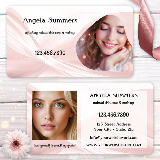 Drömmig Rosa Naturlig Skönhet Makeup Artist Visitkort (A dreamy pink business card featuring an elegant abstract design with your photos on front and back)