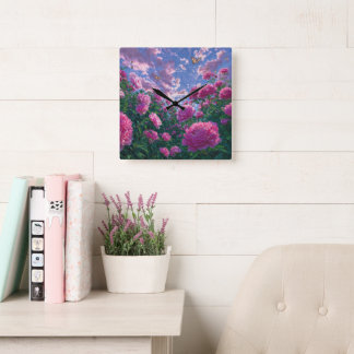 Drömmig Rosa Peony Trädgårdskonst Fyrkantig Klocka