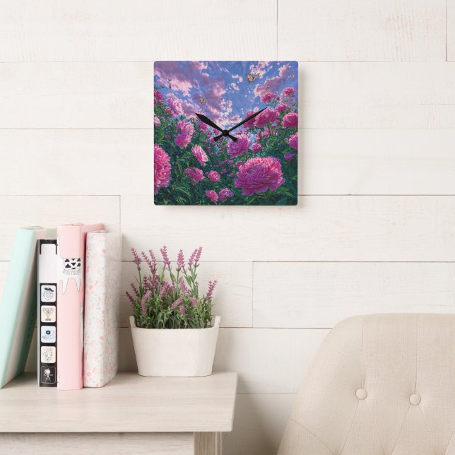 Drömmig Rosa Peony Trädgårdskonst Fyrkantig Klocka (Läsesal)
