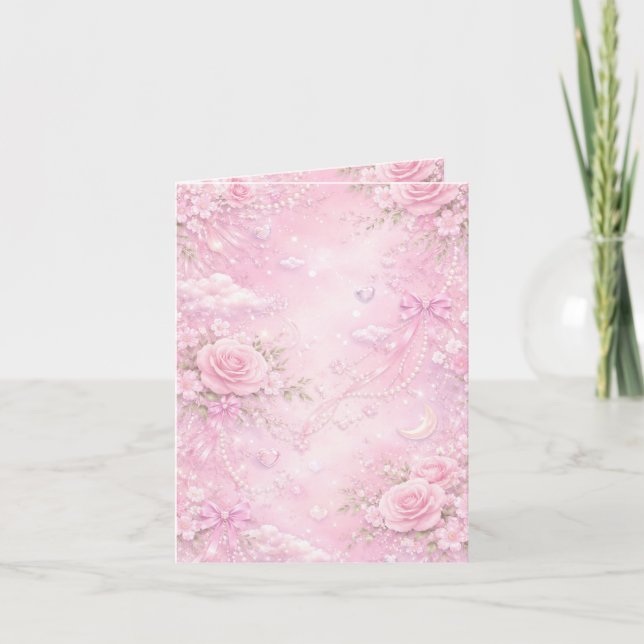 Drömmig Rosa Ros Blommig Pärlor Slingor Glitter Pa Inbjudan (Framsida)