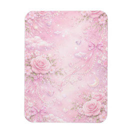 Drömmig Rosa Ros Blommig Pärlor Slingor Gnistrar Magnet