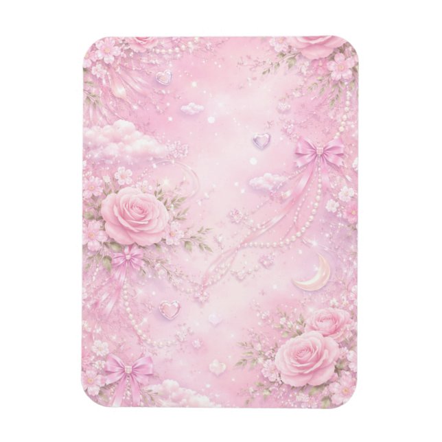 Drömmig Rosa Ros Blommig Pärlor Slingor Gnistrar Magnet (Vertikal)