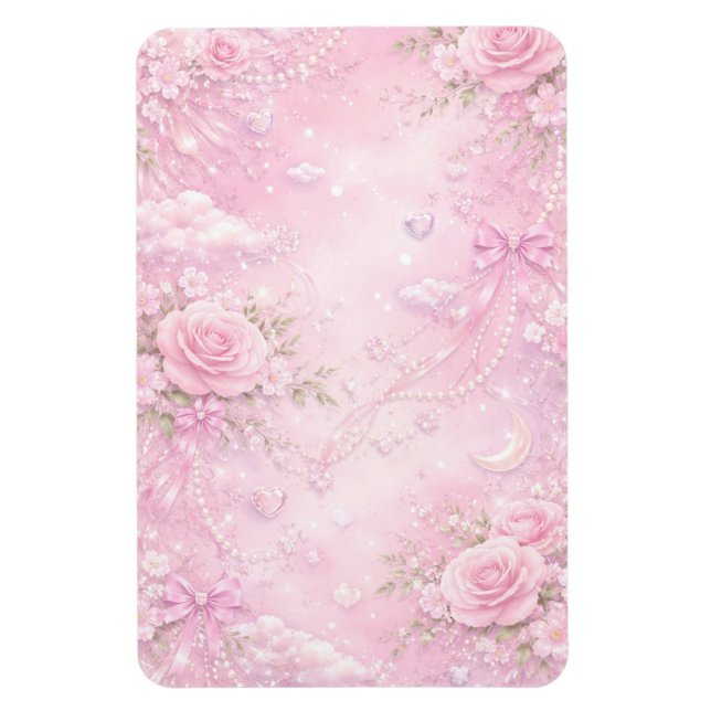 Drömmig Rosa Ros Blommig Pärlor Slingor Gnistrar Magnet (Vertikal)