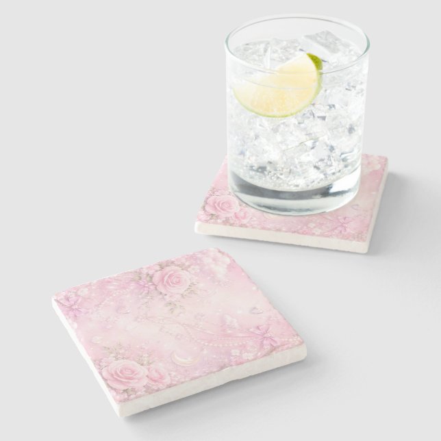 Drömmig Rosa Ros Blommig Pärlor Slingor Gnistrar Stenunderlägg (Sidan)