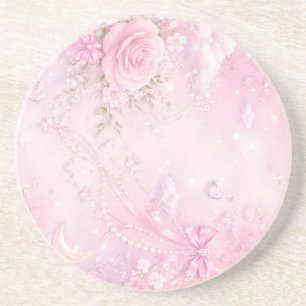 Drömmig Rosa Ros Blommig Pärlor Slingor Gnistrar Underlägg