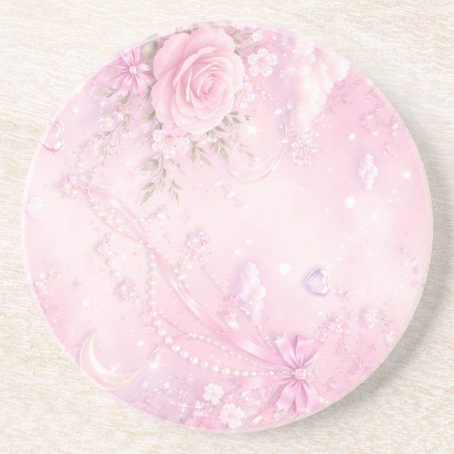 Drömmig Rosa Ros Blommig Pärlor Slingor Gnistrar Underlägg (Framsidan)