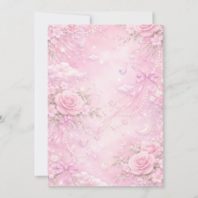 Drömmig Rosa Ros Blommönster Pärlor Slingor Gnistr Inbjudningar (Framsida)