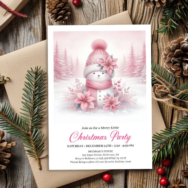 Drömmig Rosa Snömannen Digital Julinbjudan  Inbjudningar (Dreamy Pink Snowman Digital Christmas Invite for Kids)
