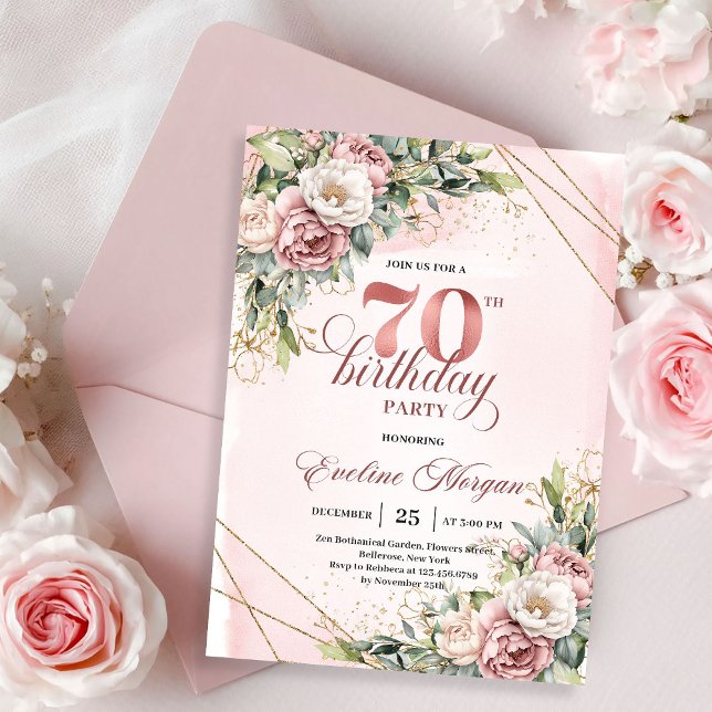 Drömmig Roséguld Blommig Grönska 70-årsfirande  Inbjudningar (Dreamy Rose Gold Floral Greenery 70th Birthday Invitation)