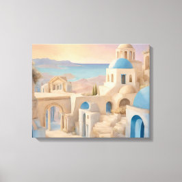 Drömmig Santorini Grekland Akvarell - Blå Kuppol Canvastryck