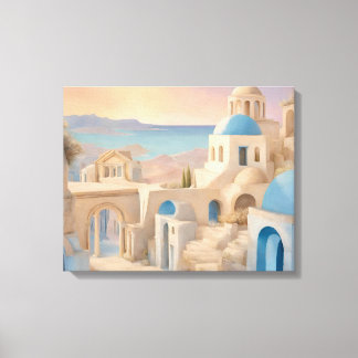 Drömmig Santorini Grekland Akvarell - Blå Kuppol Canvastryck