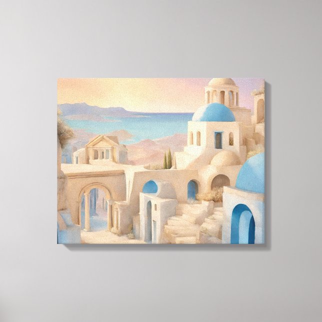 Drömmig Santorini Grekland Akvarell - Blå Kuppol  Canvastryck (Framsida)