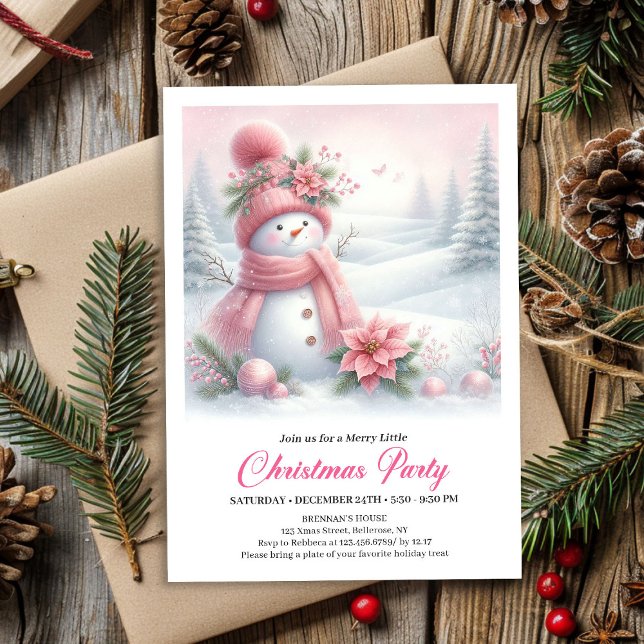 Drömmig snöig skog Rosa snömannen jul inbjudan  (Dreamy Snowy Forest Pink Snowman Christmas Invite Download)
