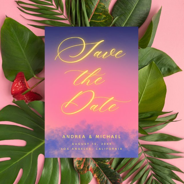 Drömmig solnedgångshimmel & Neon Foto QR-kod Bröll Spara Datumet (Skapare uppladdad)