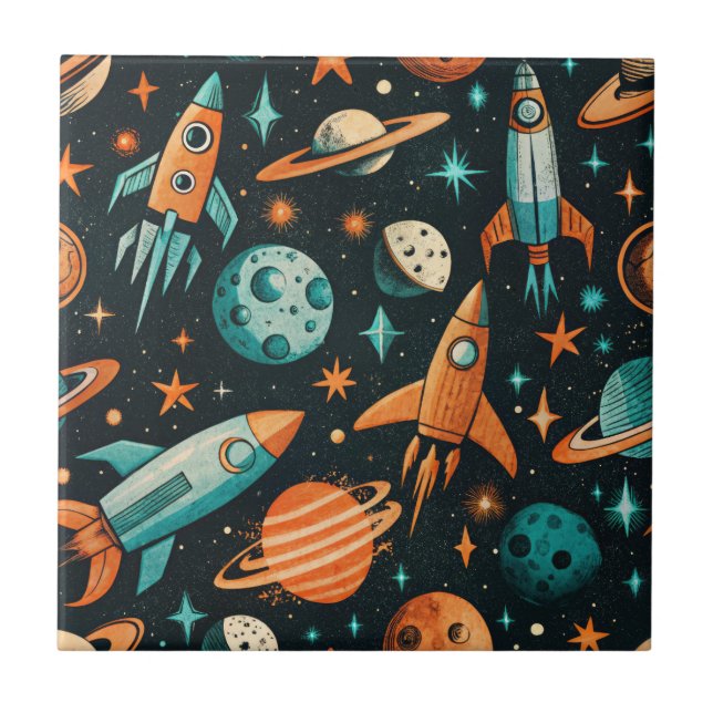 Drömmig Spacecore Planeter Teal Orange Kosmisk Kakelplatta (Framsidan)