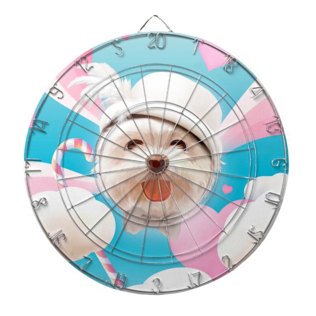 Drömmig valp med himmel: Leende Bichon med mössa & Darttavla (Framsidan)