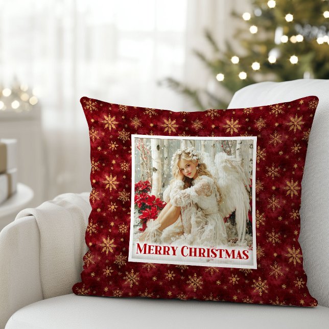 Drömmig viktoriansk ängel röd och guld julkudde kudde (Dreamy Victorian Angel Red and Gold Holiday Pillow)