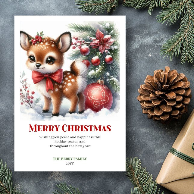 Drömmig Vinterfawn Vattenfärg Jul Utprintbar  Julkort (Dreamy Winter Fawn Watercolor Christmas Printable Chris)