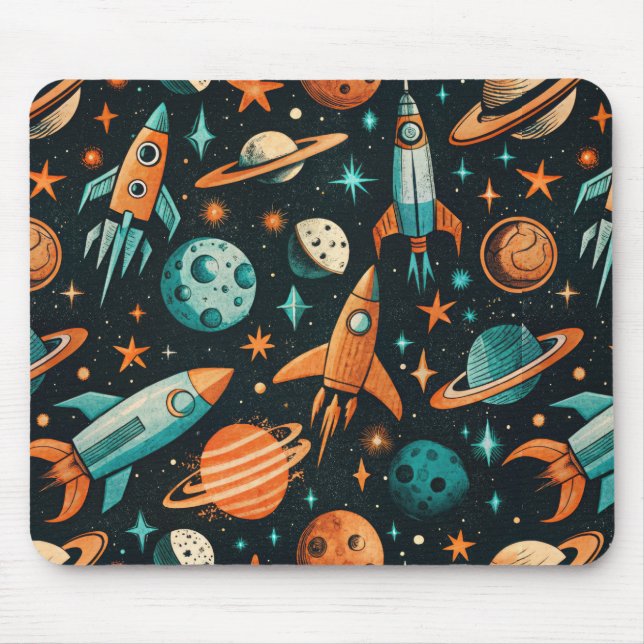 Drömmiga Spacecore Planeter Teal Orange Kosmisk Musmatta (Framsidan)
