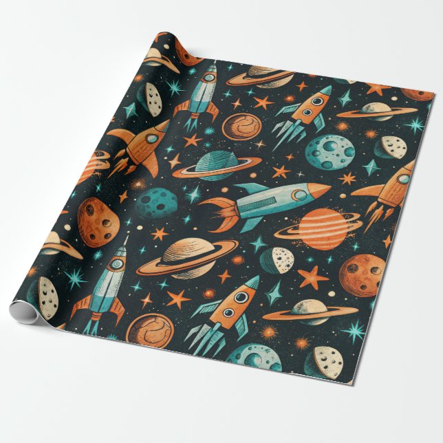 Drömmiga Spacecore Planeter Teal Orange Kosmisk Presentpapper (Utrullad)