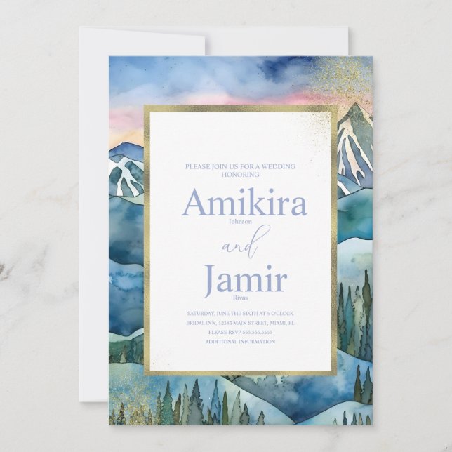 Drömmigt vattenfärgglitterbergbröllop inbjudningar (Framsida)